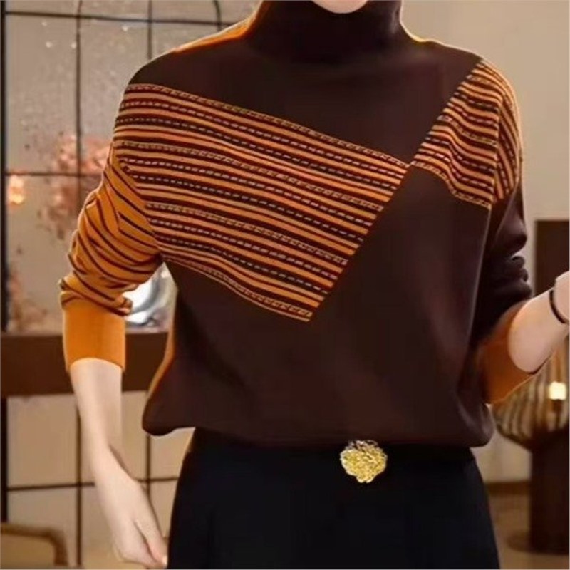 芸菲汇优选女装2025秋冬新款打底衫半高领拼色羊毛衫定位提花毛衣