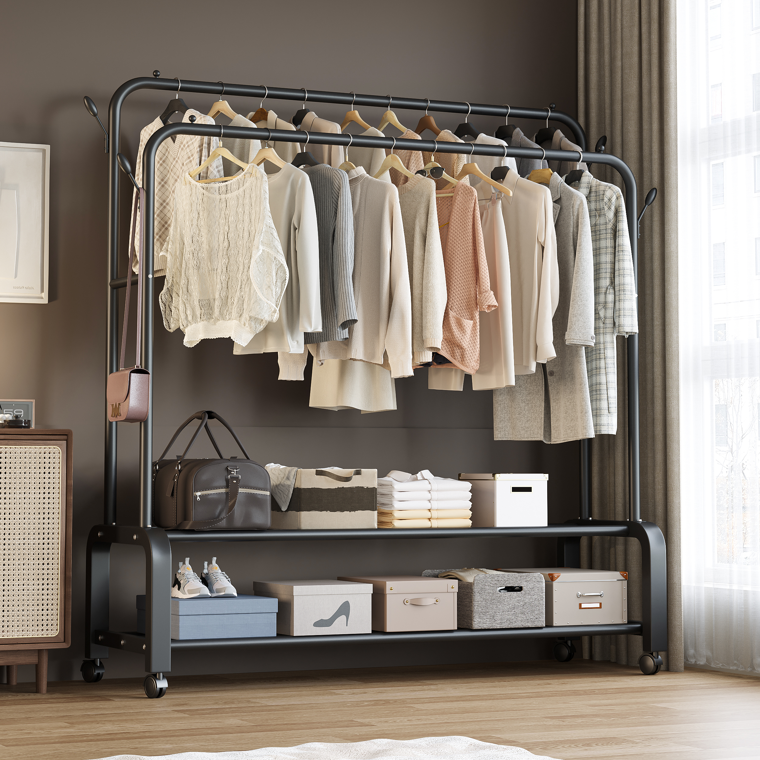 可移动网篮置物晾衣架落地简易