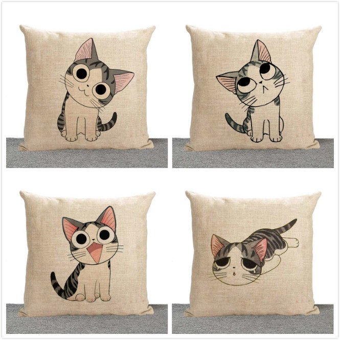 动漫卡通起司猫亚麻棉麻抱枕套儿童靠枕汽车沙发垫靠垫定做定制