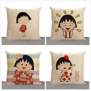 动漫樱桃小丸子花轮亚麻棉麻抱枕靠枕坐垫汽车沙发垫靠垫定做定制