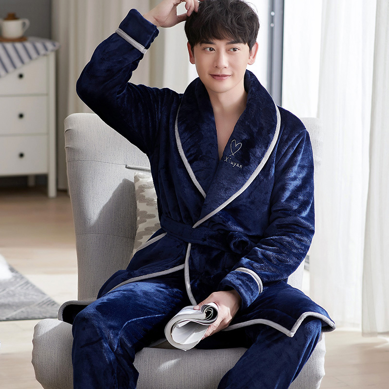 珊瑚绒男套装加绒加厚睡袍