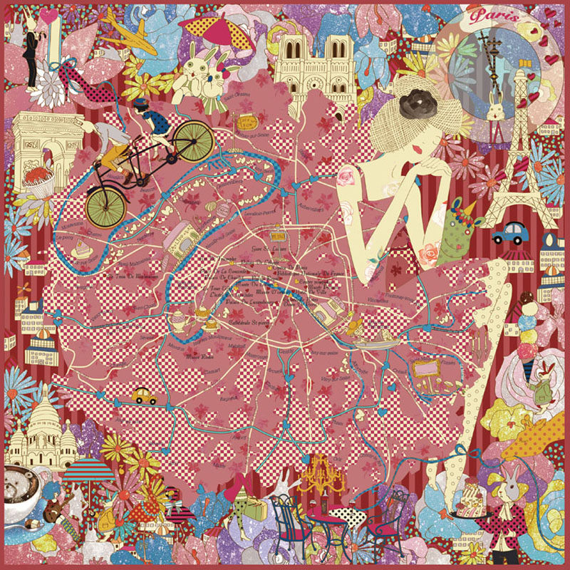 viesca生日丝巾涤丝巴黎元素原创插画欧洲旅游纪念爱情浪漫礼物