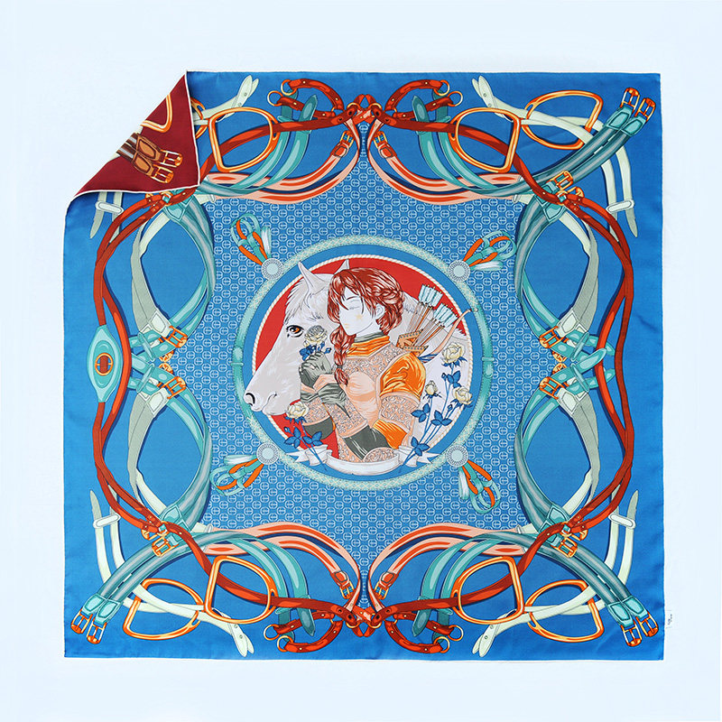 viesca新品真丝【双面印花】纯桑蚕丝同花异色动漫公主蓝丝巾送礼