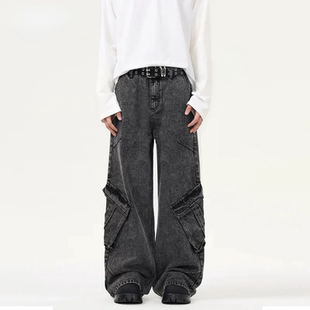 美式高街工装裤水洗做旧牛仔裤男士复古直筒宽松拖地休闲vibe长裤