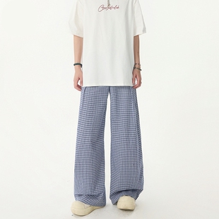 2026春夏季美式复古格子廓形长裤男款宽松阔腿百搭休闲牛仔裤子