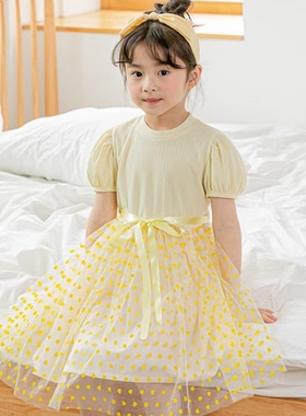 女童夏季连衣裙韩国童装PinkBerry2022复古圆点网纱泡泡袖公主裙