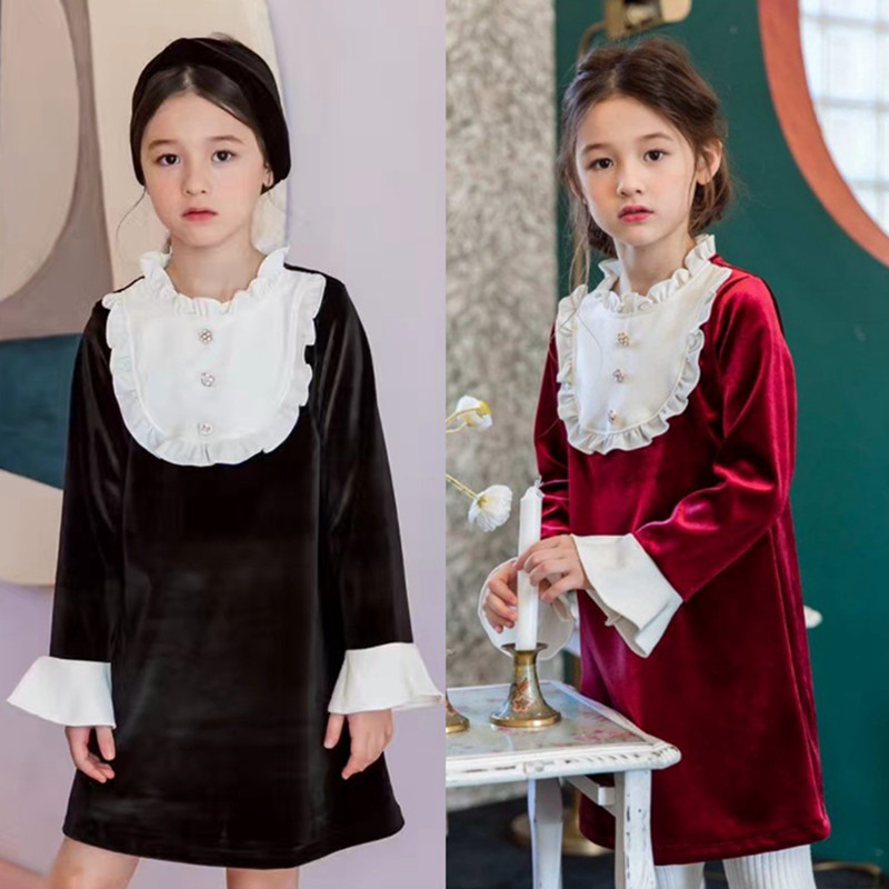 现货 韩国进口童装2018冬BerryBerry女童金丝绒木耳边加厚连衣裙