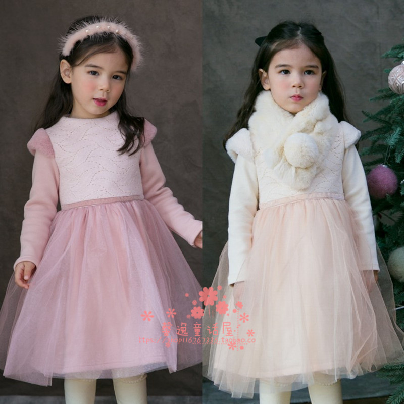 现货 韩国进口Merrykate2018冬女中大童镂空毛绒飞袖加厚连衣裙
