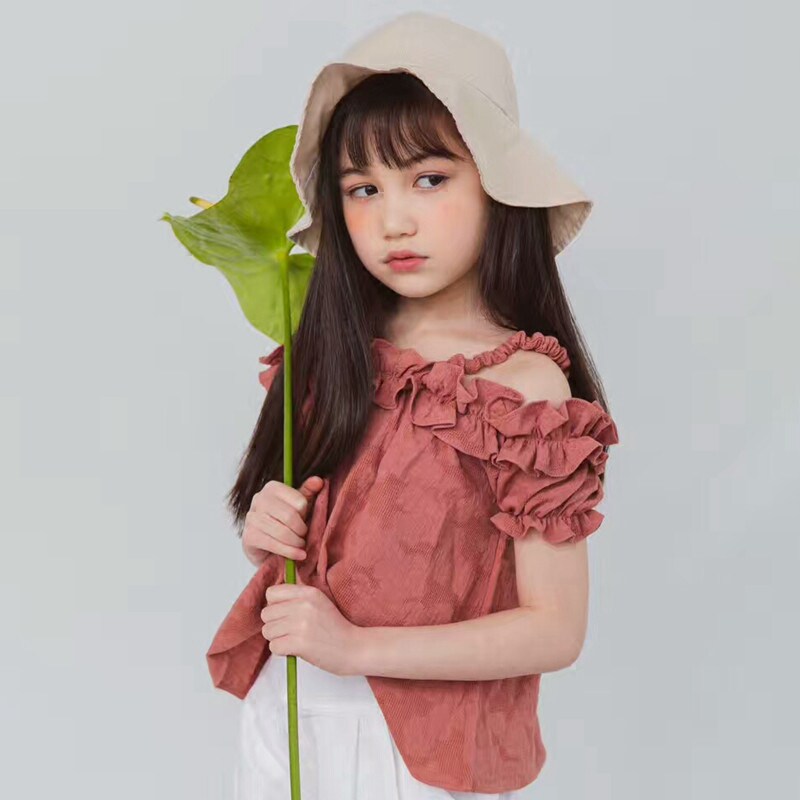 现货 韩国进口童装BerryBerry2018夏女中大童木耳边吊带露肩T恤
