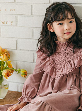 女童连衣裙韩国童装PinkBerry2021春秋木耳花边拼接荷叶边公主裙