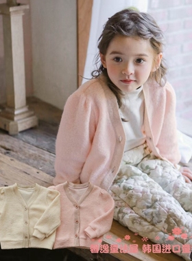 女童毛衣开衫韩国童装FLO2022冬季女宝宝纯色长袖保暖针织衫外套