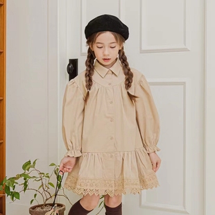 BerryBerry2022秋季 女童连衣裙韩国童装 宝宝蕾丝边公主风衣衬衫 裙