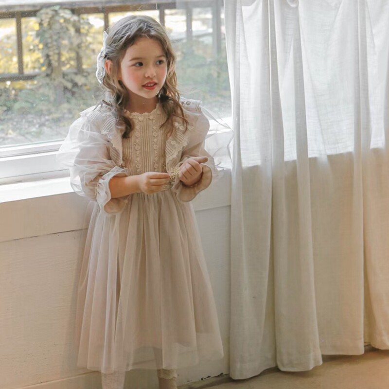 女童连衣裙韩国进口童装FLO2022秋季宝宝蕾丝褶皱百褶长袖公主裙