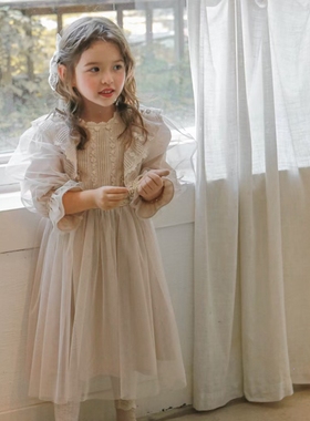 女童连衣裙韩国进口童装FLO2022秋季宝宝蕾丝褶皱百褶长袖公主裙