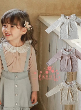 女童T恤韩国童装FLO2022春季蕾丝荷叶领长袖公主打底衫