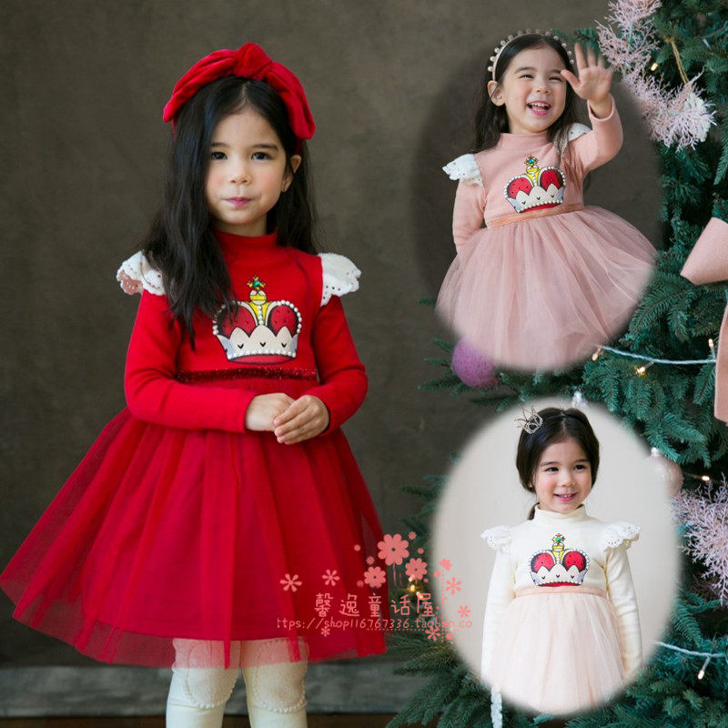 现货 韩国进口童装Merrykate2018冬女中大童皇冠飞袖加厚连衣裙
