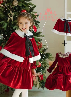 女童韩国童装PinkBerry2021冬季圣诞新年金丝绒泡泡袖披风公主裙
