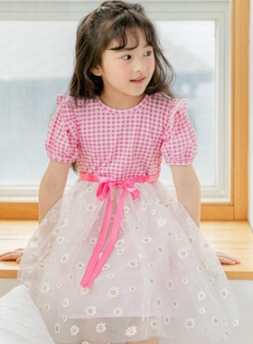 女童夏季连衣裙韩国童装PinkBerry2022宝宝格子田园小雏菊公主裙