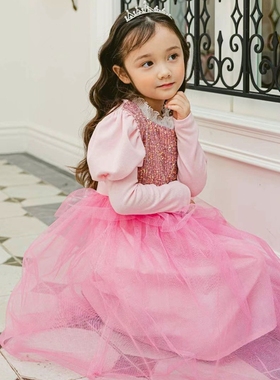 女童长袖连衣裙韩国童装PinkBerry2023春季宝宝闪亮片网纱公主裙