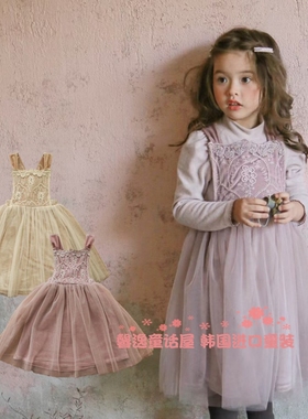 女童背带裙韩国童装FLO2022冬季宝宝丝绒蕾丝网纱加绒吊带公主裙