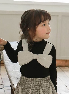 女童T恤韩国童装FLO2021秋冬宝宝小香风蝴蝶结拼接修身半高领长袖