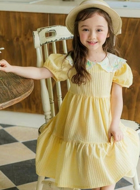 女童连衣裙韩国童装PinkBerry2023夏季宝宝刺绣荷叶领短袖公主裙