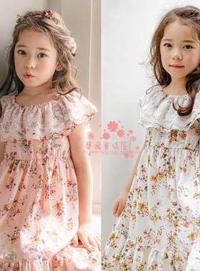 女童连衣裙韩国童装PinkBerry2021夏季蕾丝碎花雪纺娃娃领公主裙