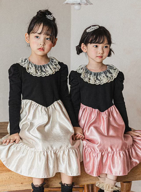 女童韩国童装PinkBerry2021秋季宝宝蕾丝荷叶领仿绸缎复古公主裙