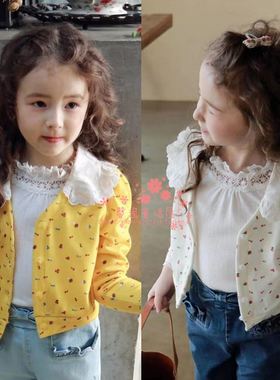 女童外套韩国童装FLO2021春季女宝宝碎花蕾丝花边淑女针织衫开衫