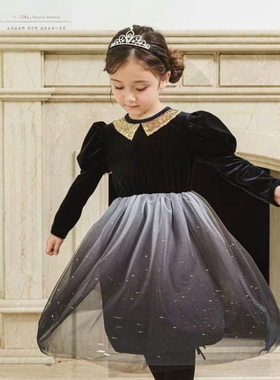 女童连衣裙韩国童装PinkBerry2023秋冬新丝绒网纱黑色复古公主裙