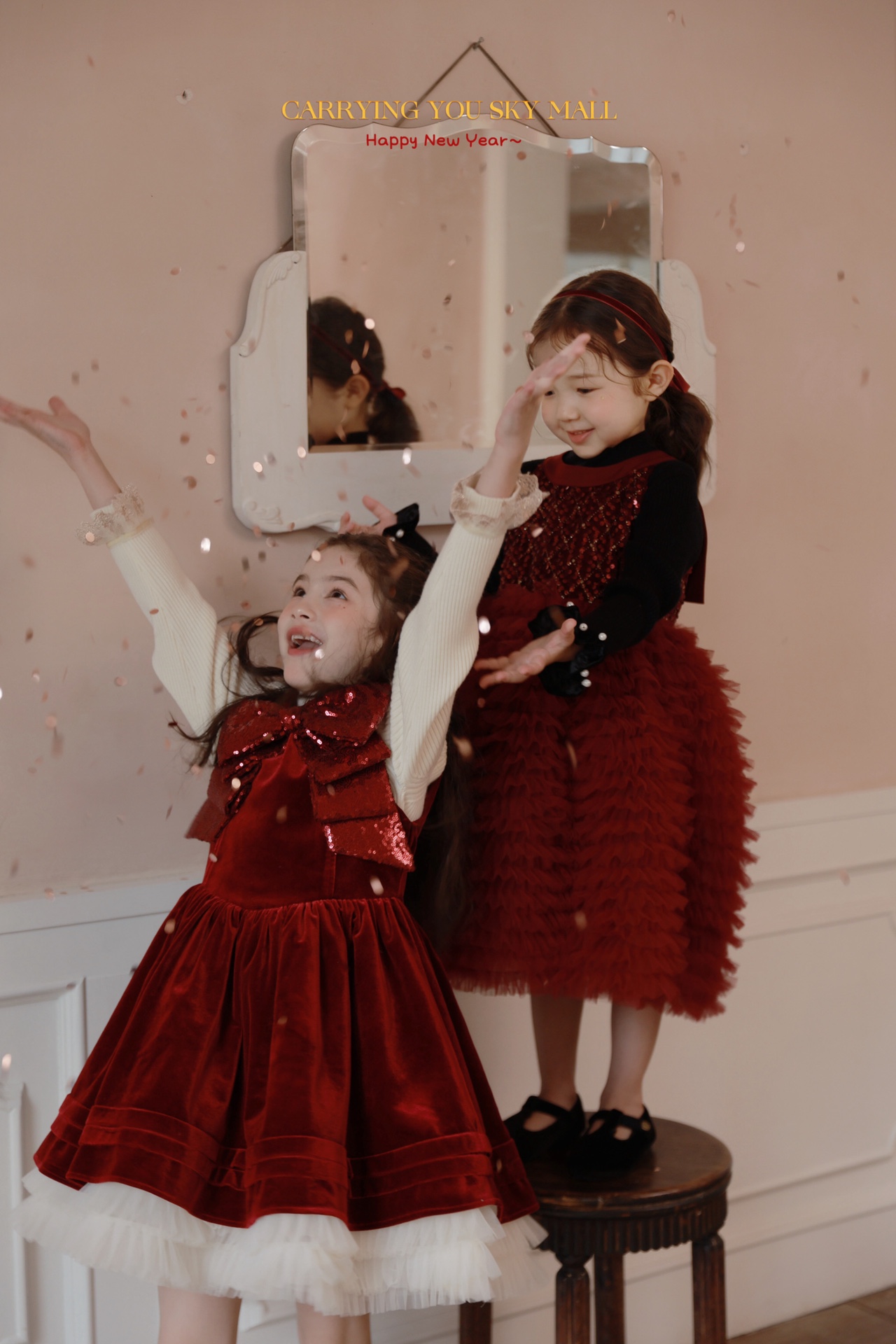 女童公主裙25秋冬新儿童圣诞新年红色蝴蝶结珠片排褶网纱裙连衣裙