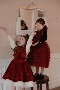 女童公主裙25秋冬新儿童圣诞新年红色蝴蝶结珠片排褶网纱裙连衣裙