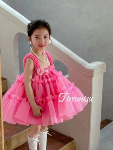 苏三岁2025女童粉色吊带蓬蓬裙春夏连衣裙礼服公主裙甜美可爱风