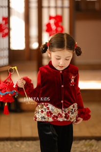 Jamiya女童马甲2025秋冬新款儿童洋气中国风拜年服背心打底衫裤子