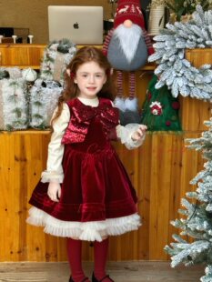 天空之城女童公主裙25儿童圣诞新年红色蝴蝶结珠片网纱连衣裙礼服