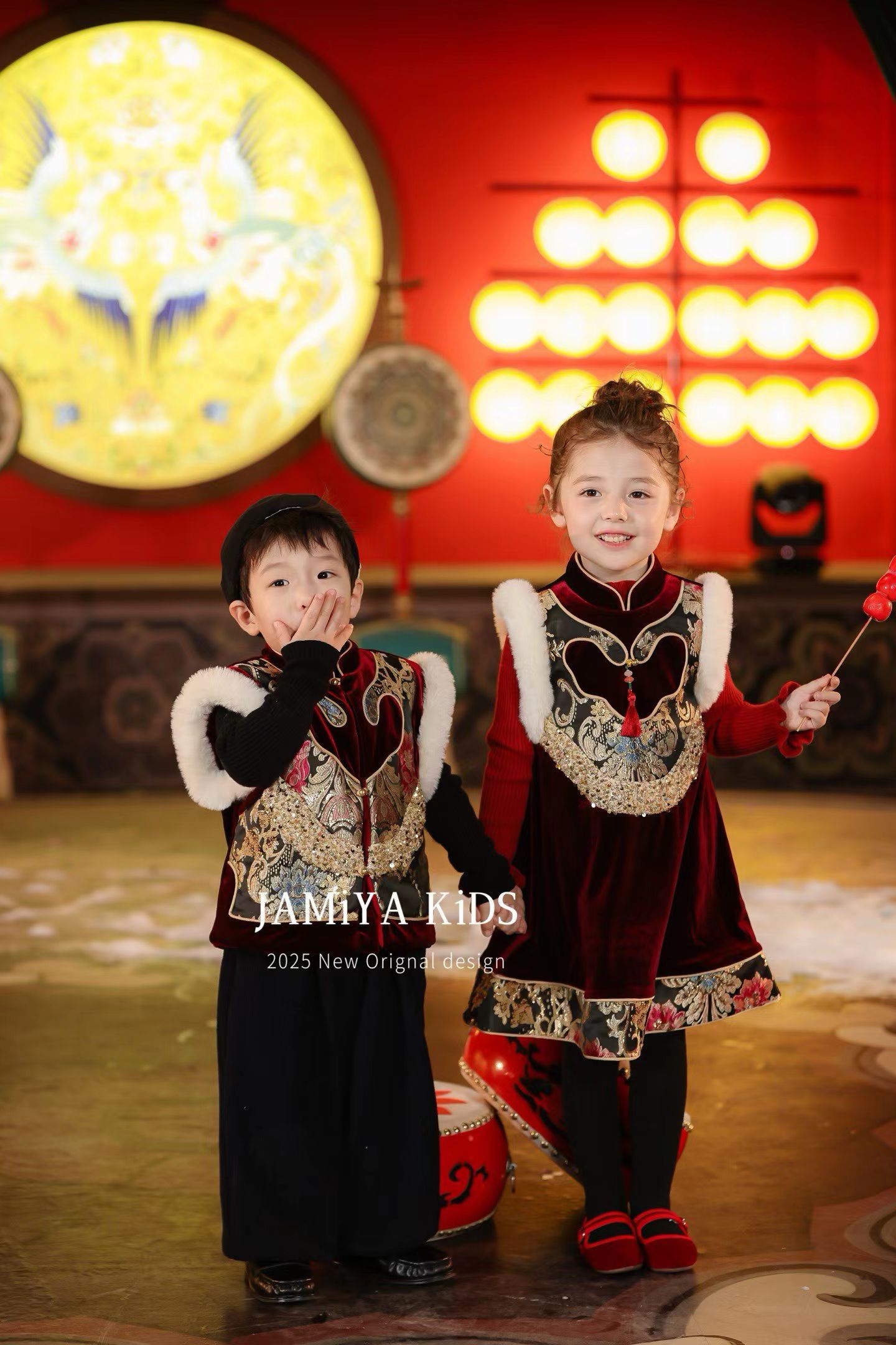 Jamiya女童新中式连衣裙25秋冬儿童中国风拜年服兄妹姐弟装马甲