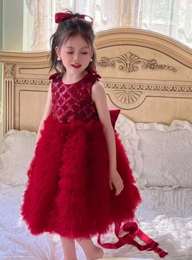 高定礼服女童公主裙25秋儿童圣诞新年红色蝴蝶结背心裙生日蛋糕裙