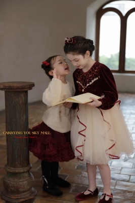 女童公主裙2025秋冬新款儿童圣诞新年红色丝绒工艺网纱连衣裙礼服