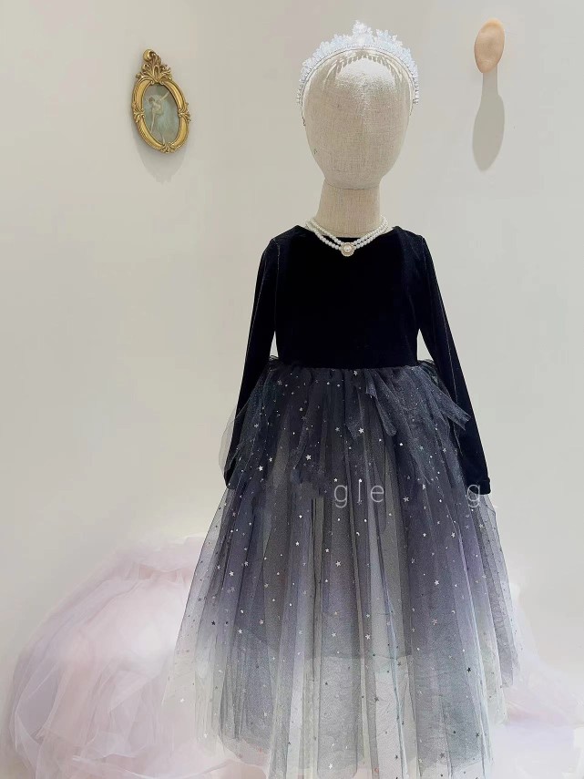 高定礼服25秋冬款女童公主裙赫本风丝绒拼接网纱连衣裙钢琴演出服