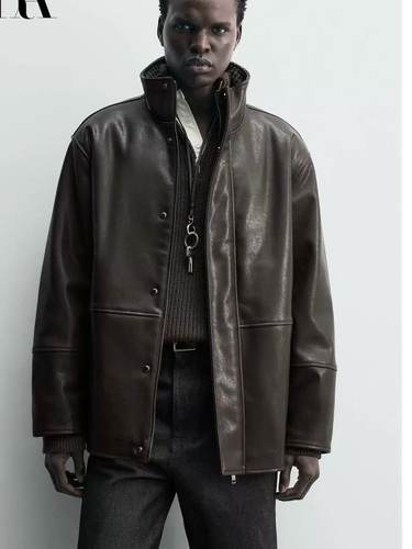 ZA2025冬季新品 男装 撞色仿皮宽松立领夹克外套 3833308 700