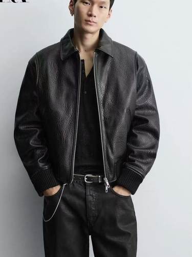 ZA2025冬季新品 男装 宽松仿皮棉服拉链夹克外套 3715709 800