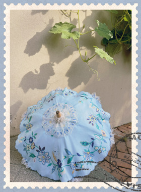 FEE CAFE【雨久花】欧式复古东方风 手工木雕 烫银小羊皮长柄阳伞