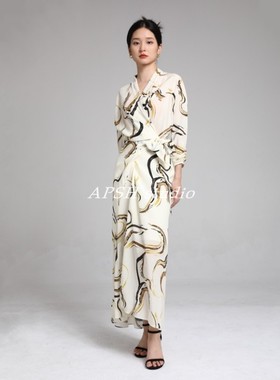 APSH懿千金夏季七分袖V领印花双绉真丝连衣裙气质桑蚕丝长裙收腰