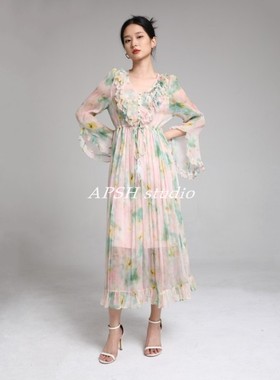 APSH懿千金度假真丝连衣裙荷叶袖桑蚕丝仙女长裙水钻羽毛收腰粉绿