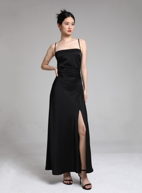 APSH懿千金压褶高腰赫本开叉吊带裙宴会醋酸连衣裙女黑色灰色显瘦