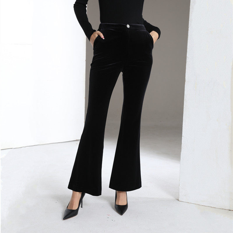 AS百搭高腰显腿长黑色丝绒喇叭裤