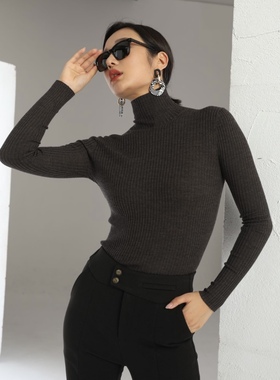 APSH 懿千金秋冬羊毛高领长袖细坑条打底羊毛衫女120s德国扬子纱