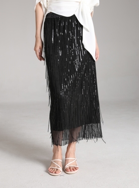 APSH懿千金进口网纱亮片编织带流苏坠半身裙松紧腰长裙黑色直筒