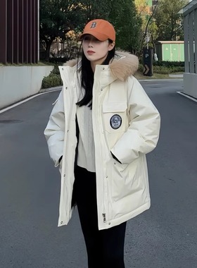 工装风毛领派克服女中长款加厚保暖羽绒服宽松外套