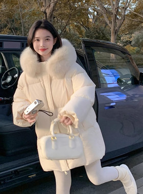 奶茶色大毛领羽绒服女中长款加厚保暖白鸭绒冬季外套